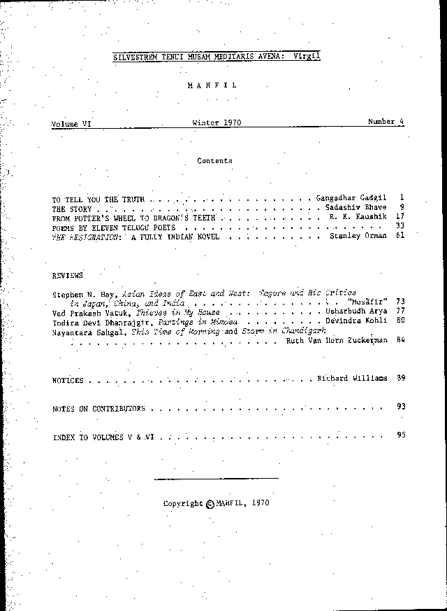 Mahfil, Volume 6, No. 4, 1970, table of contents