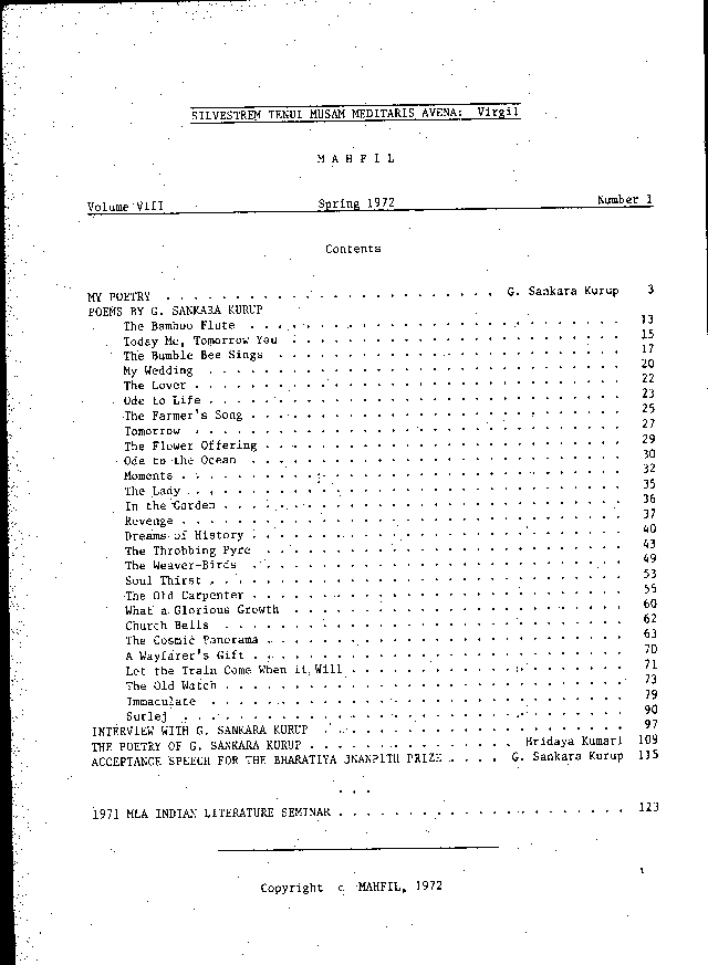 Mahfil, Volume 8, No. 1, 1972, table of contents
