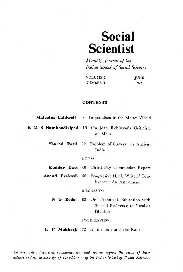 Social Scientist, issues 11, June 1973, page 2.