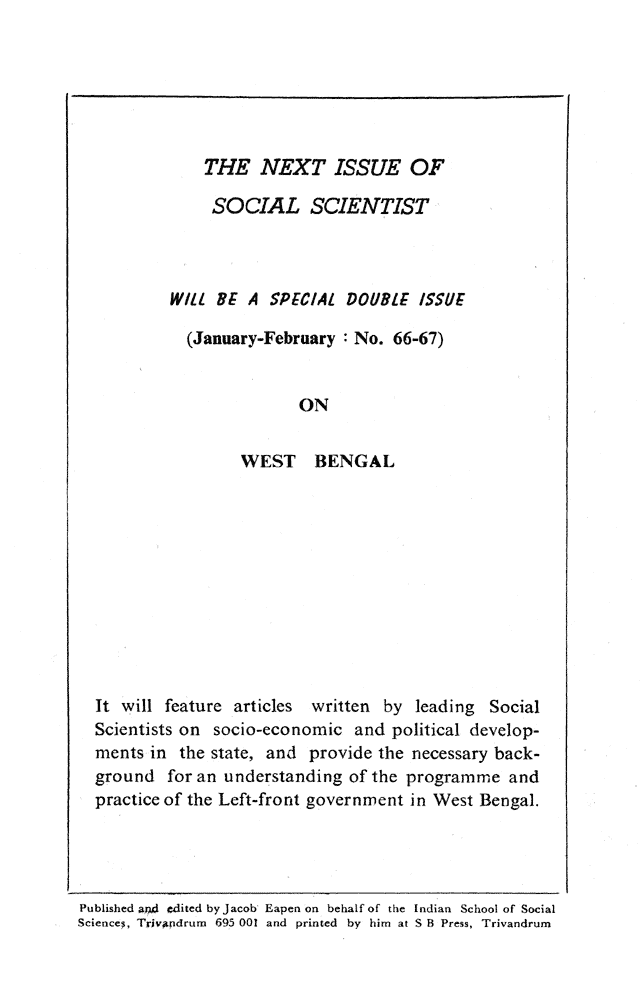 Social Scientist, issues 65, Dec 1977, back material.
