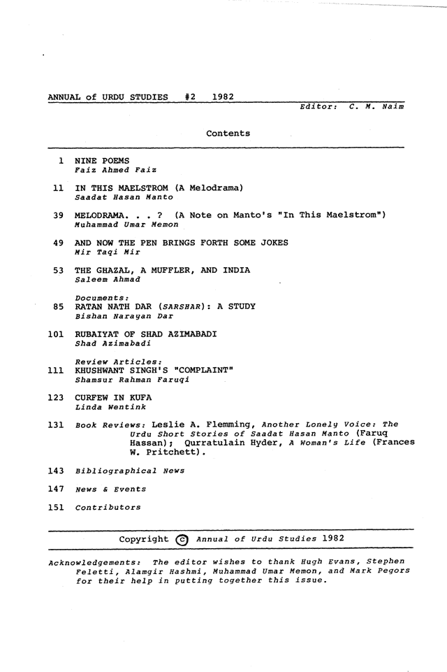 Annual of Urdu Studies, No. 2, 1982. Table of contents.
