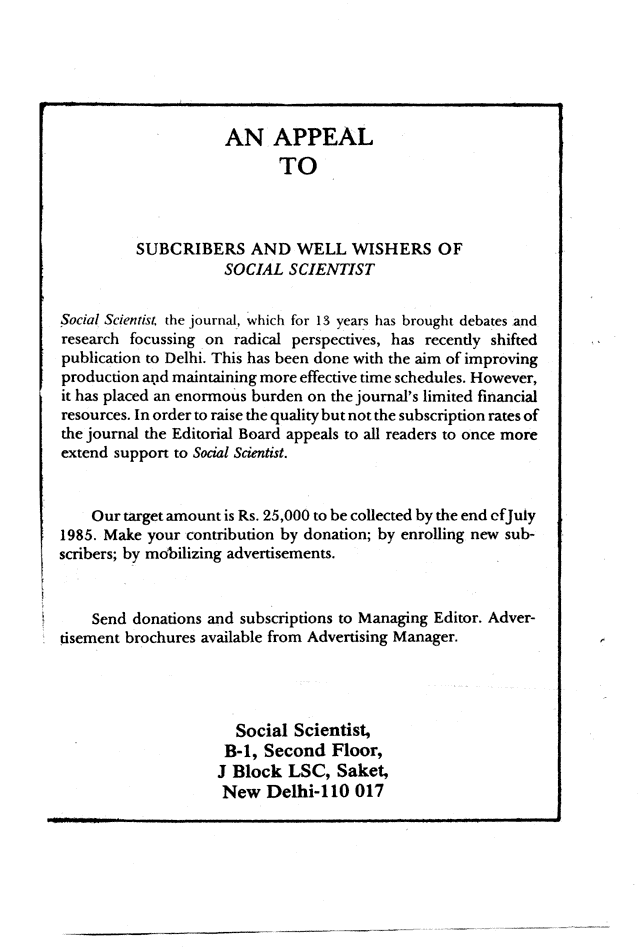 Social Scientist, issues 142, March 1985, back material.