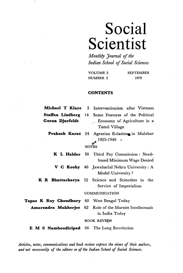 Social Scientist, issues 14, Sept 1973, page 1.