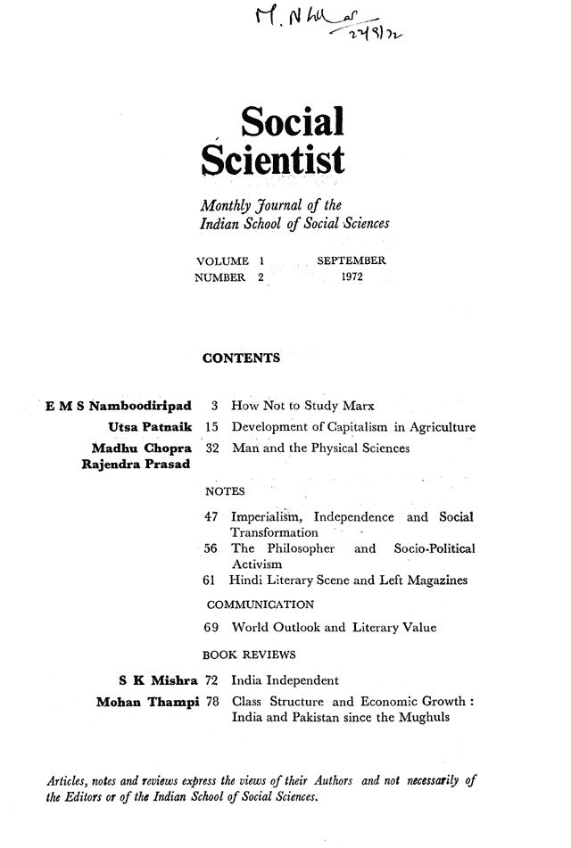 Social Scientist, issues 2, Sept 1972, page 2.