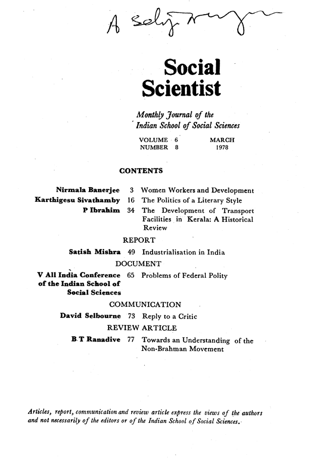 Social Scientist, issues 68, March 1978, page 1.