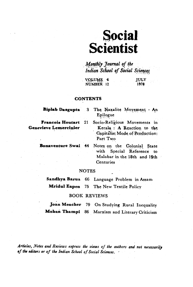 Social Scientist, issues 72, July 1978, page 1.