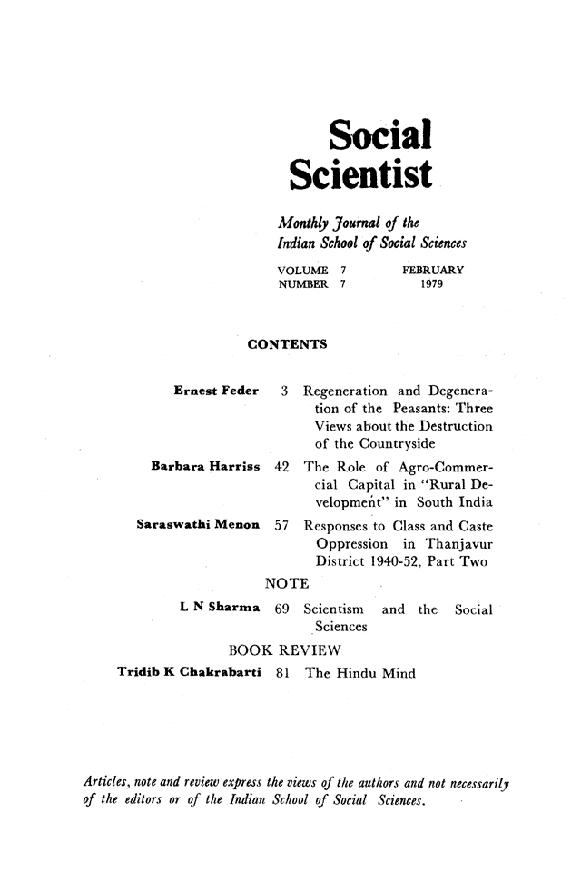 Social Scientist, issues 79, Feb 1979, contents.
