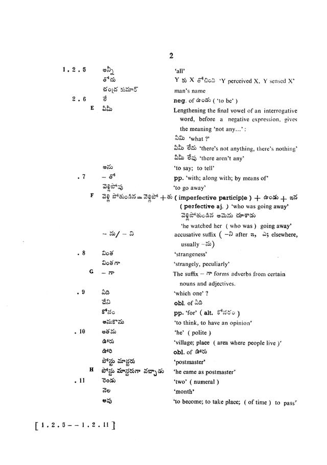 Glossary for Graded Readings in Modern Literary Telugu, page 2.