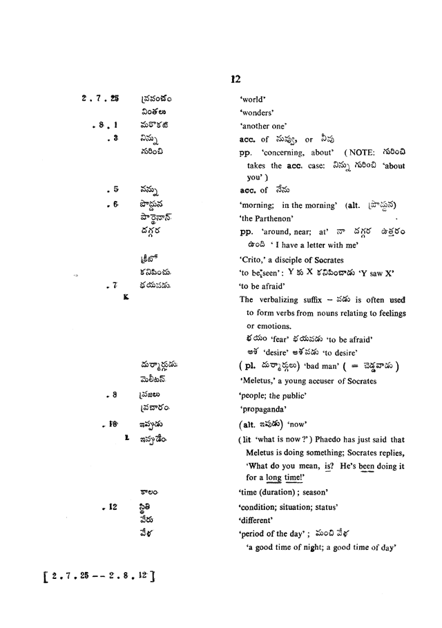 Glossary for Graded Readings in Modern Literary Telugu, page 8.