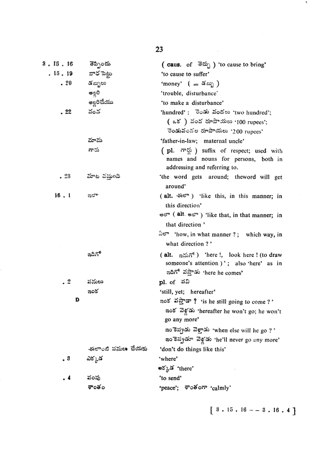 Glossary for Graded Readings in Modern Literary Telugu, page 19.