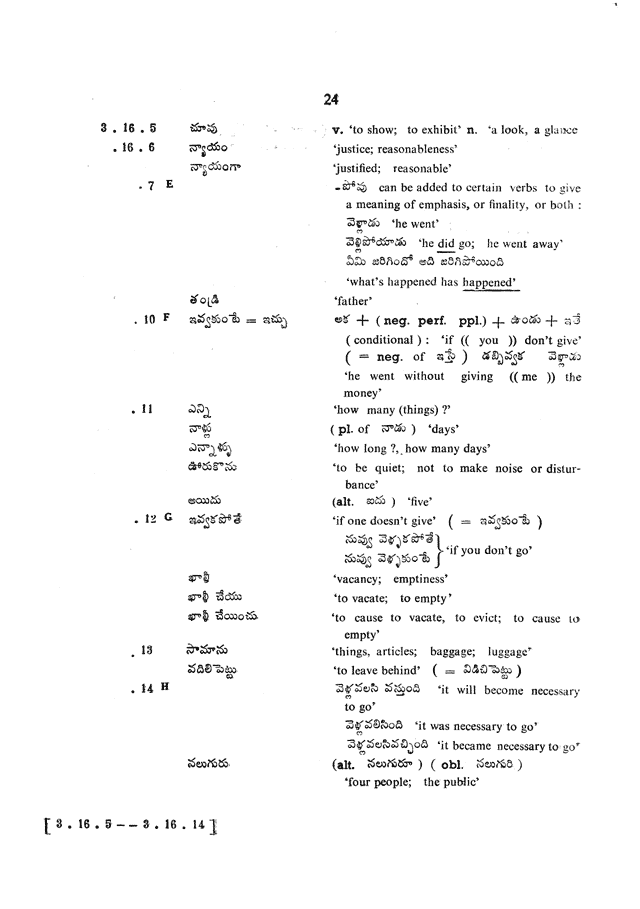 Glossary for Graded Readings in Modern Literary Telugu, page 20.