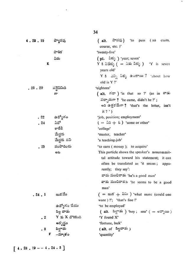 Glossary for Graded Readings in Modern Literary Telugu, page 30.