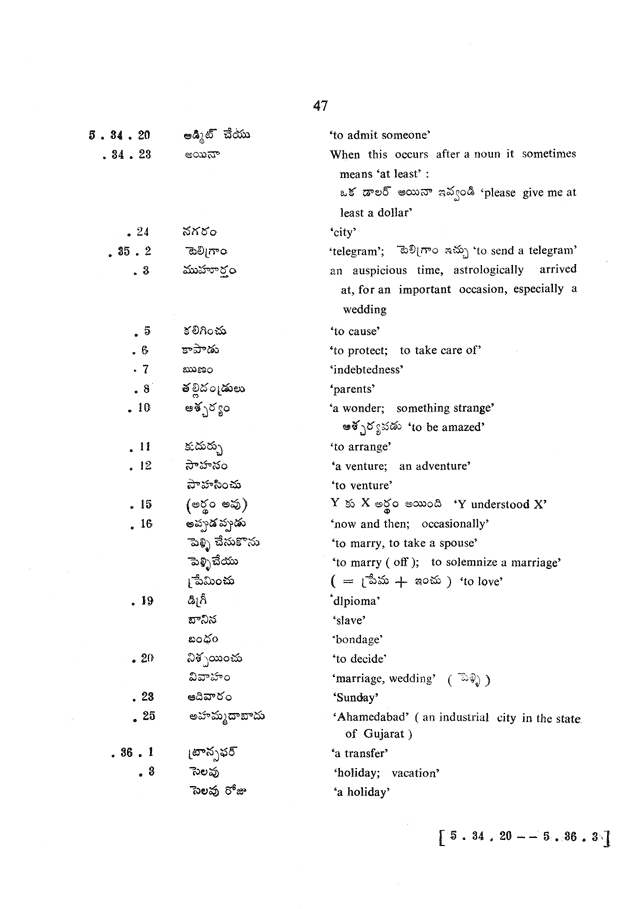 Glossary for Graded Readings in Modern Literary Telugu, page 43.