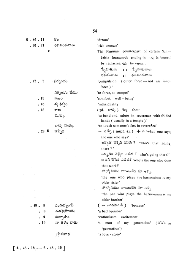 Glossary for Graded Readings in Modern Literary Telugu, page 50.