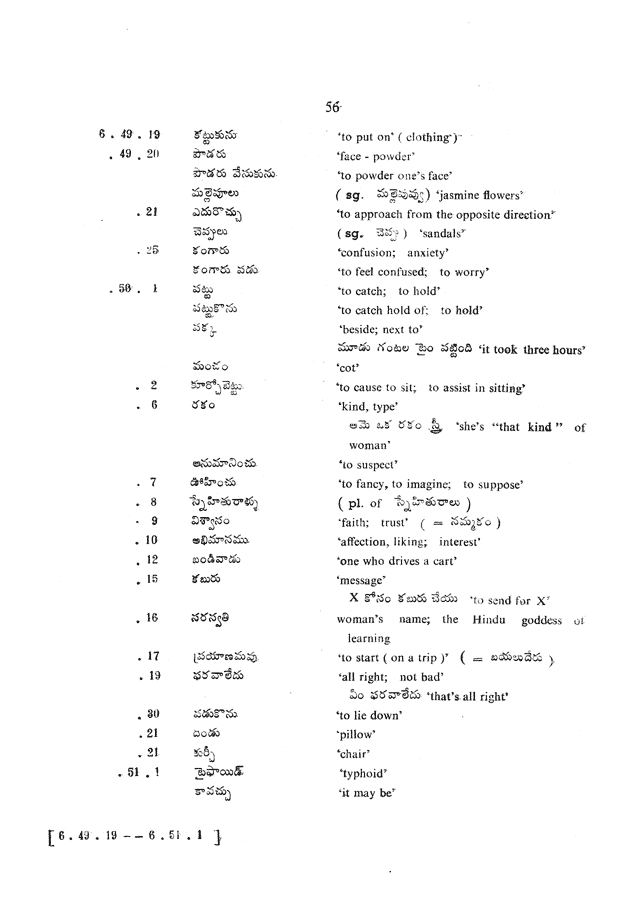 Glossary for Graded Readings in Modern Literary Telugu, page 52.