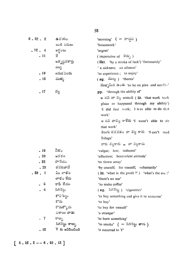 Glossary for Graded Readings in Modern Literary Telugu, page 54.