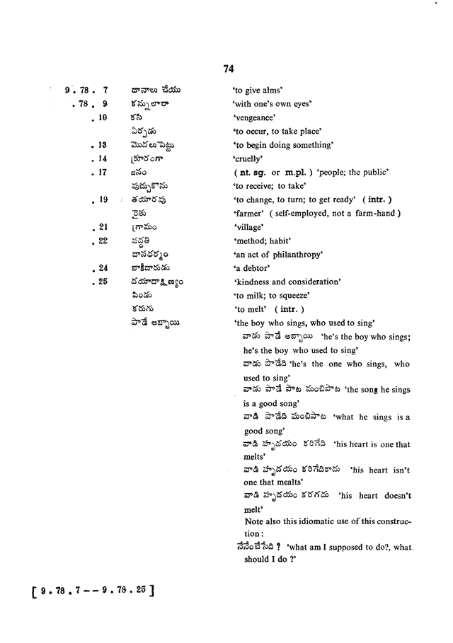 Glossary for Graded Readings in Modern Literary Telugu, page 70.