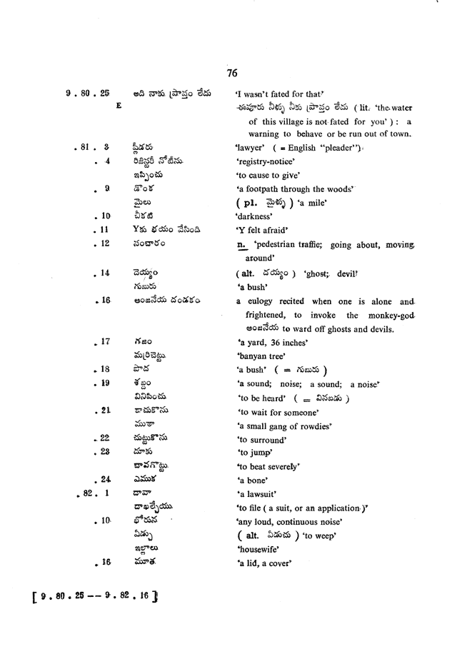 Glossary for Graded Readings in Modern Literary Telugu, page 72.