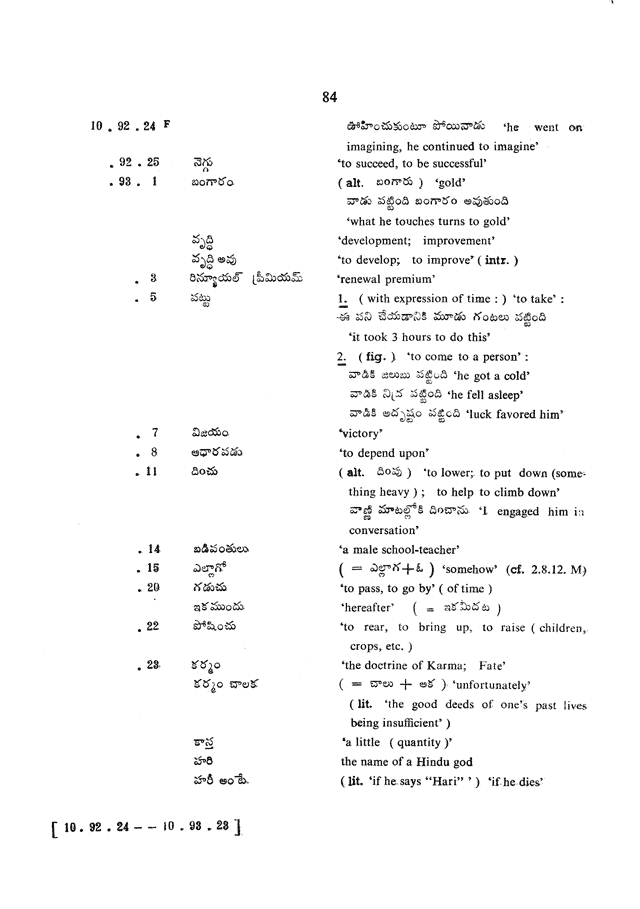 Glossary for Graded Readings in Modern Literary Telugu, page 80.