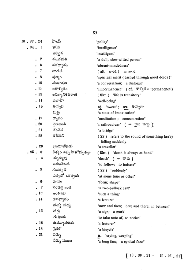 Glossary for Graded Readings in Modern Literary Telugu, page 81.