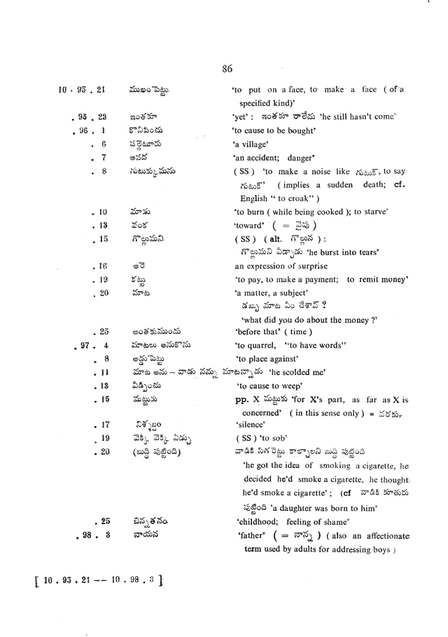 Glossary for Graded Readings in Modern Literary Telugu, page 82.