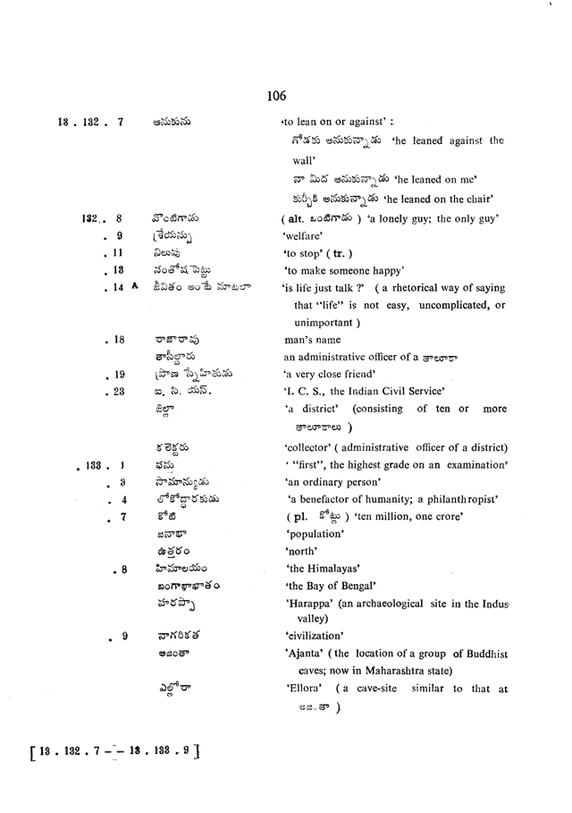 Glossary for Graded Readings in Modern Literary Telugu, page 102.