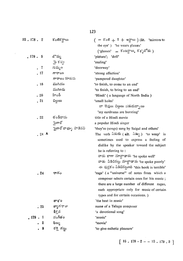 Glossary for Graded Readings in Modern Literary Telugu, page 119.