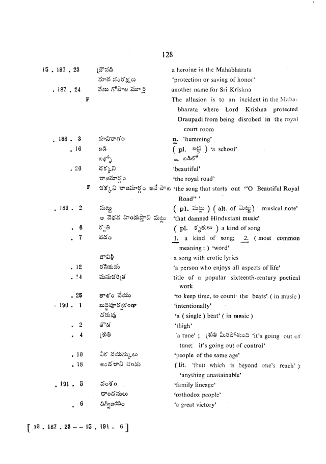 Glossary for Graded Readings in Modern Literary Telugu, page 124.